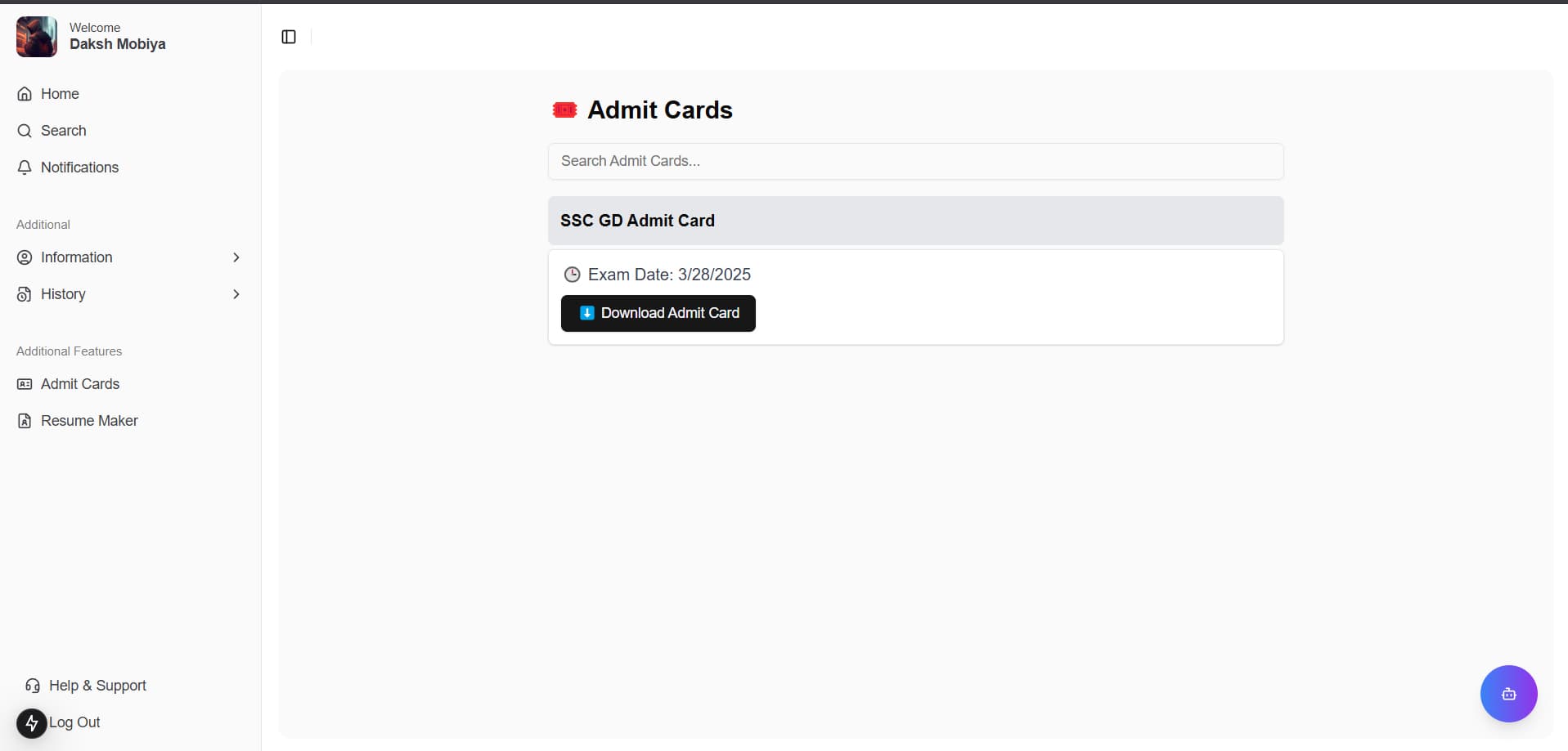 One-click admit card download